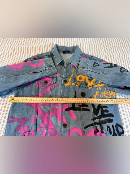 Chemistry Graffiti Print Butterfly Graphic Denim Jacket Size M - Picture 8 of 13